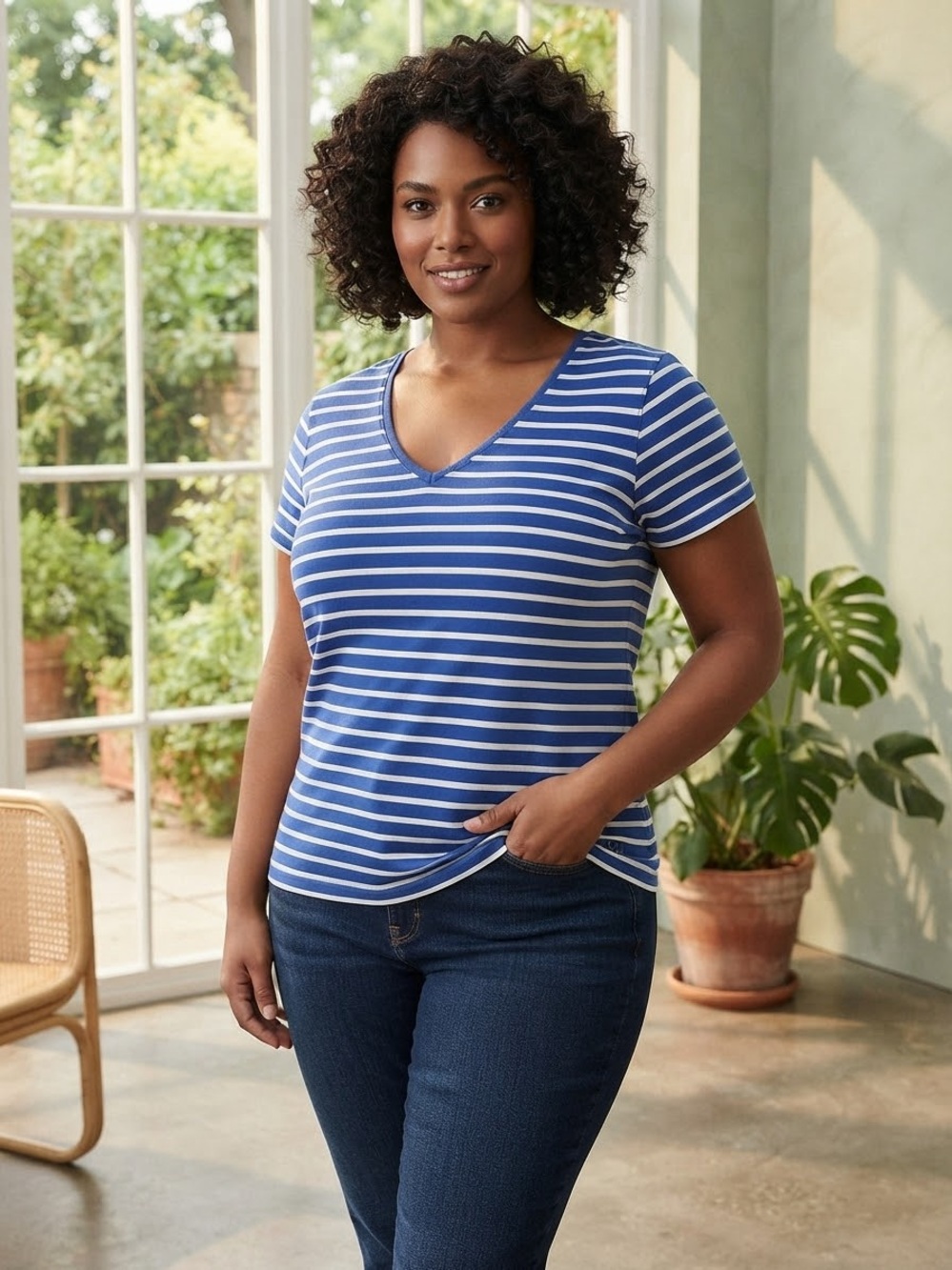 Ralph Lauren Blue & White Striped V‑Neck Short Sleeve Tee Plus Sized